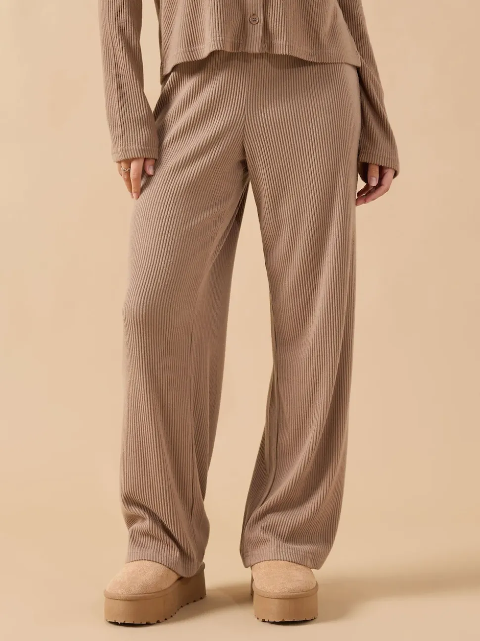 PixieGirl Petite Brown Ribbed Wide Leg Joggers
