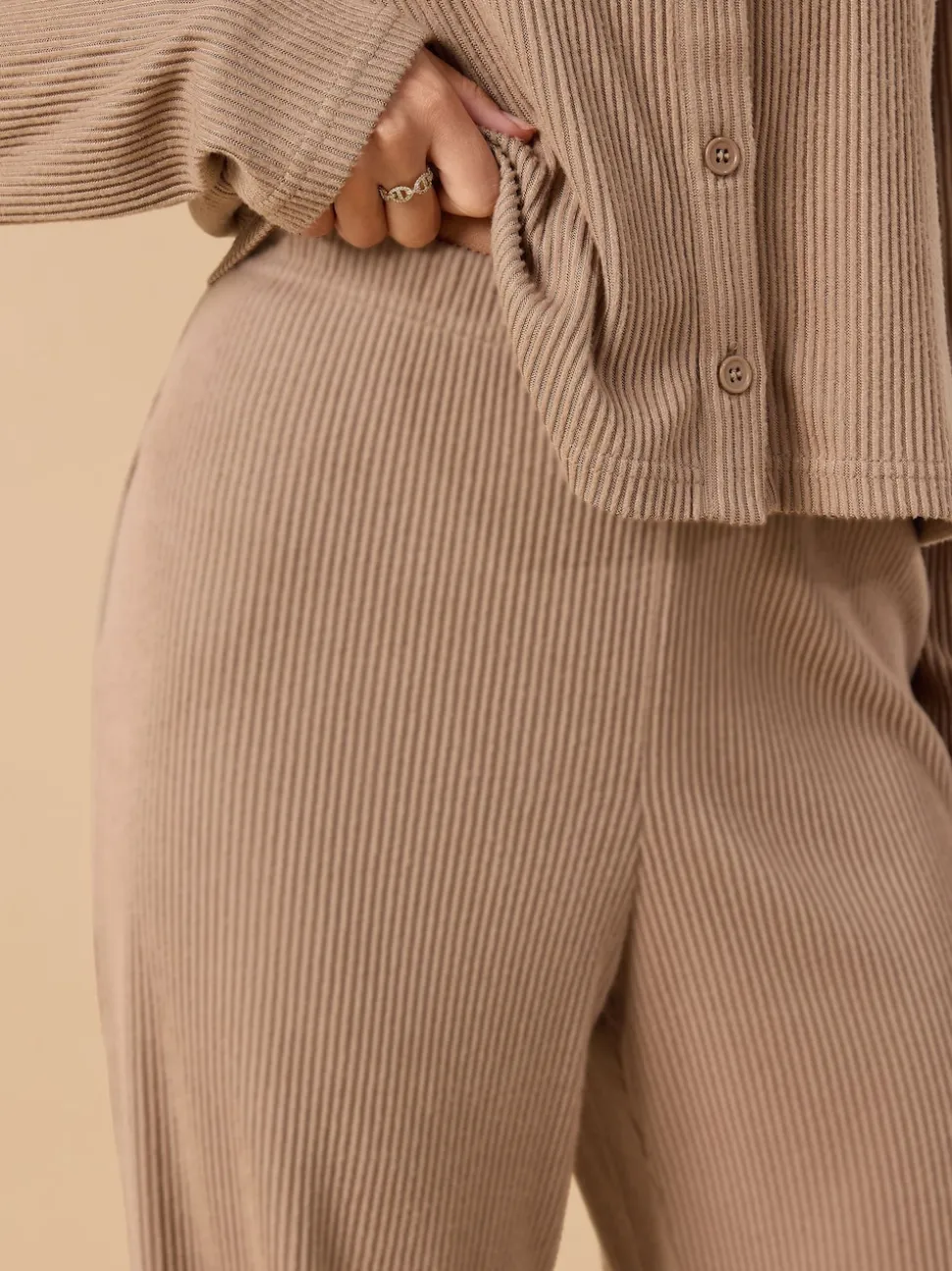 PixieGirl Petite Brown Ribbed Wide Leg Joggers