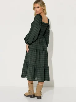 PixieGirl Petite Green Crinkle Check Long Sleeve Dress