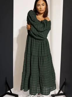 PixieGirl Petite Green Crinkle Check Long Sleeve Dress