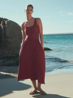 Plum Purple Jersey Waisted Summer Midi Dress