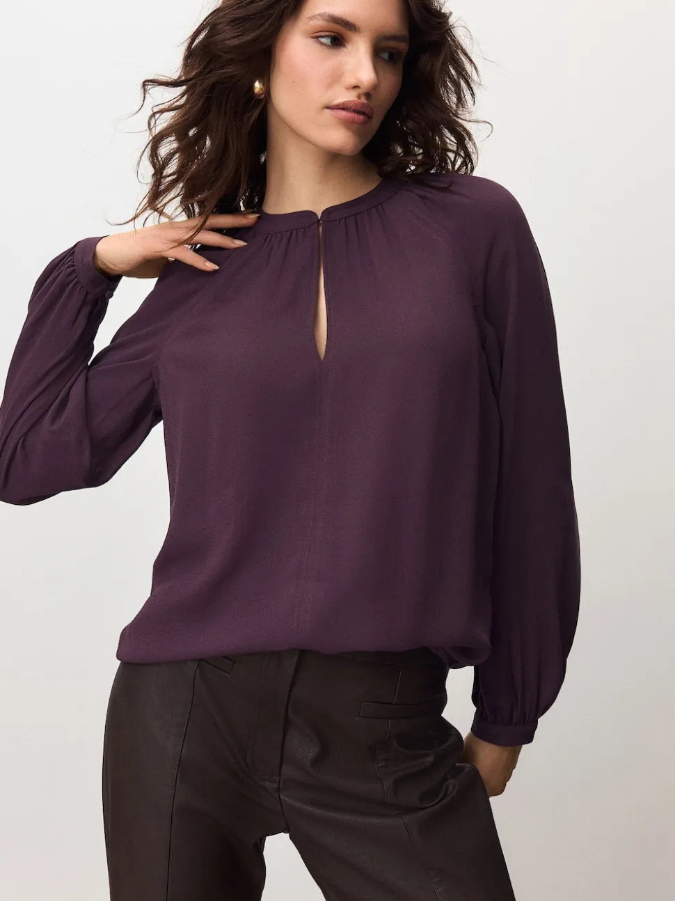 Plum Purple Long Sleeve V-Neck Blouse