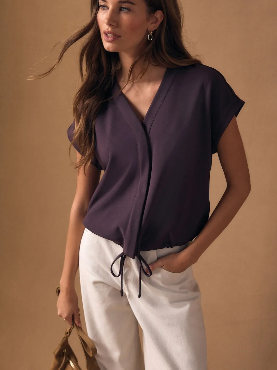 Plum Purple V-Neck Short Sleeved Tie Waist Top