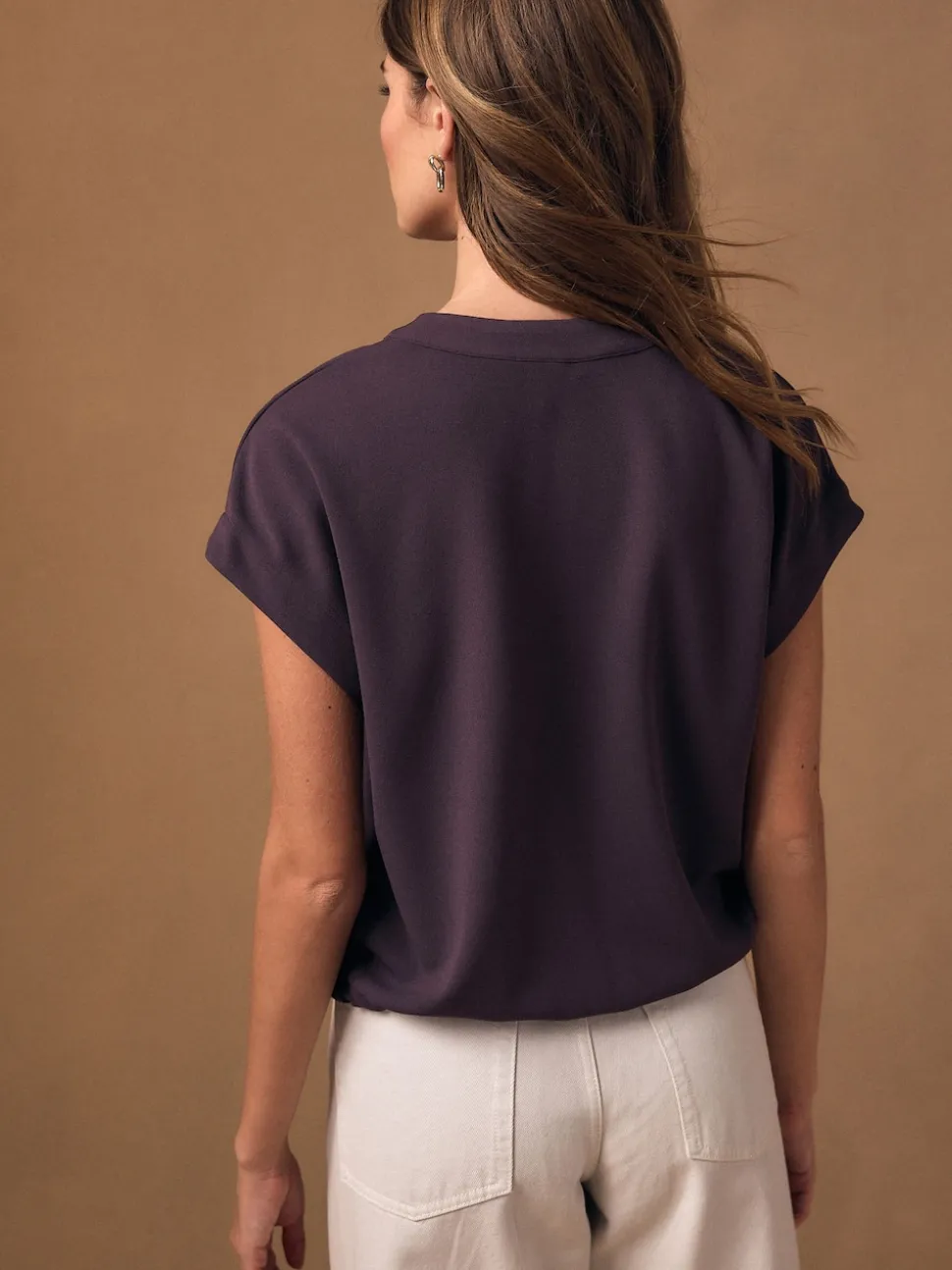 Plum Purple V-Neck Short Sleeved Tie Waist Top