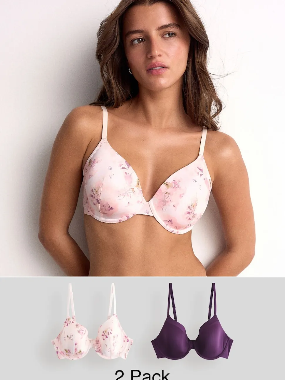 Plum Purple/Floral Print Full Cup A-E Smoothing Ultimate Comfort Bras 2 Pack