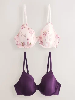 Plum Purple/Floral Print Full Cup A-E Smoothing Ultimate Comfort Bras 2 Pack