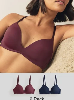 Plum Purple/Navy A-E Push Up Padded Non Wired Smoothing Bras 2 Pack