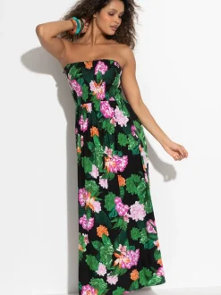Pour Moi Black Floral Strapless Shirred Bodice Woven Maxi Beach Dress