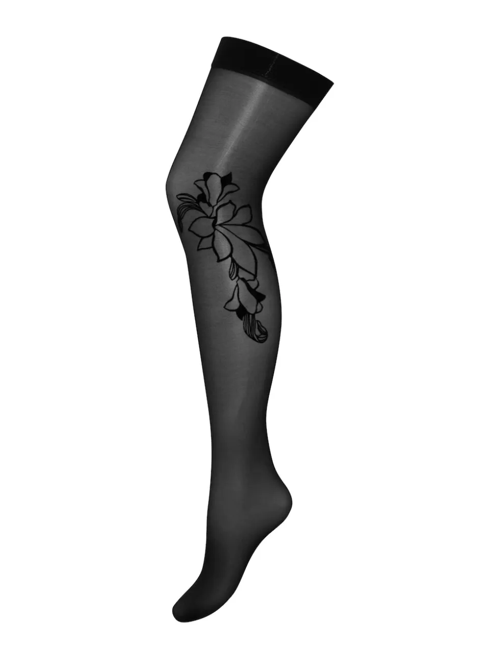 Pour Moi Black/Fuchsia Icon Floral Flock 15 Denier Stocking