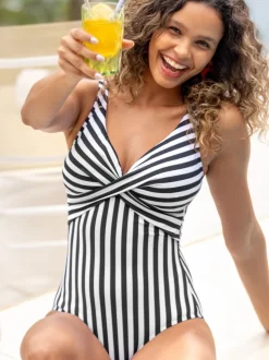 Pour Moi Black/White Free Spirit Twist Front Ruched Tummy Control Swimsuit