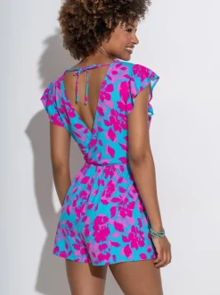 Pour Moi Blue Frill Stretch Jersey Beach Playsuit