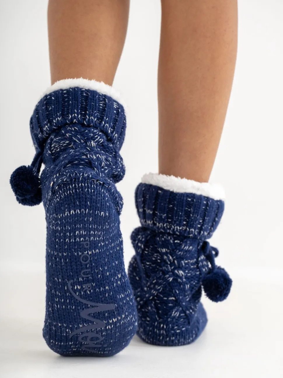 Pour Moi Navy Cosy Cable Knit Lined Slipper Sock