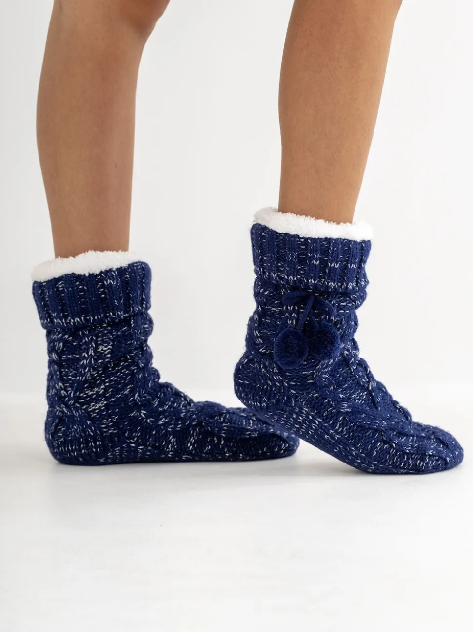 Pour Moi Navy Cosy Cable Knit Lined Slipper Sock