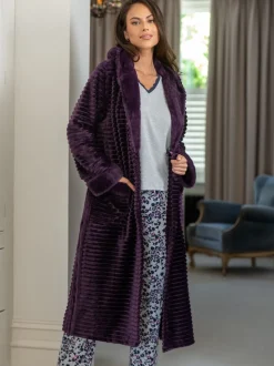 Pour Moi Purple Cosy Ribbed Fleece Midi Hooded Dressing Gown