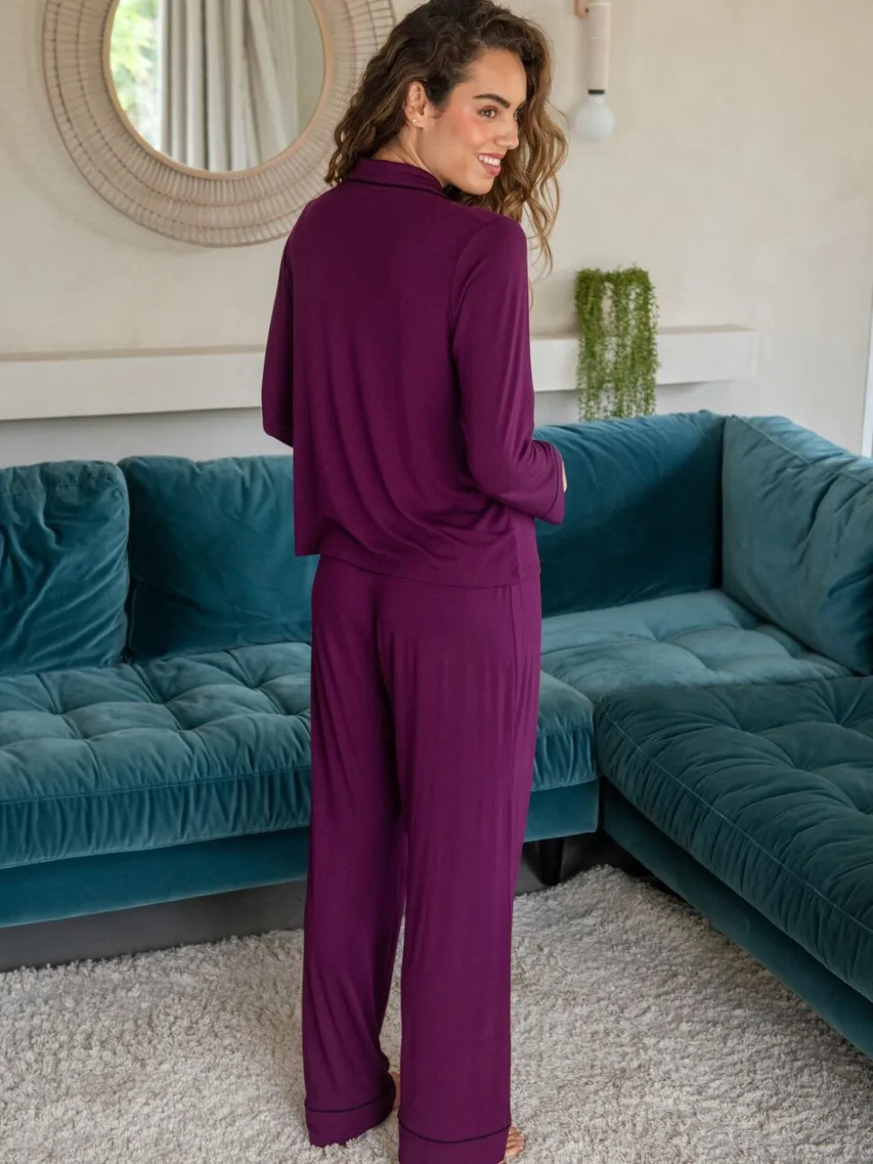 Pour Moi Purple Jersey Button Through Cuban Collar Pyjamas Set