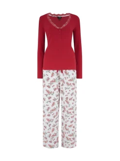 Pour Moi Red Rib Jersey Lace Trim Henley Top and Brushed Cotton Pyjamas Set