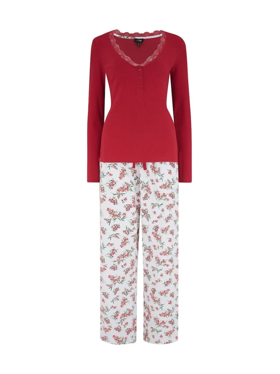 Pour Moi Red Rib Jersey Lace Trim Henley Top and Brushed Cotton Pyjamas Set