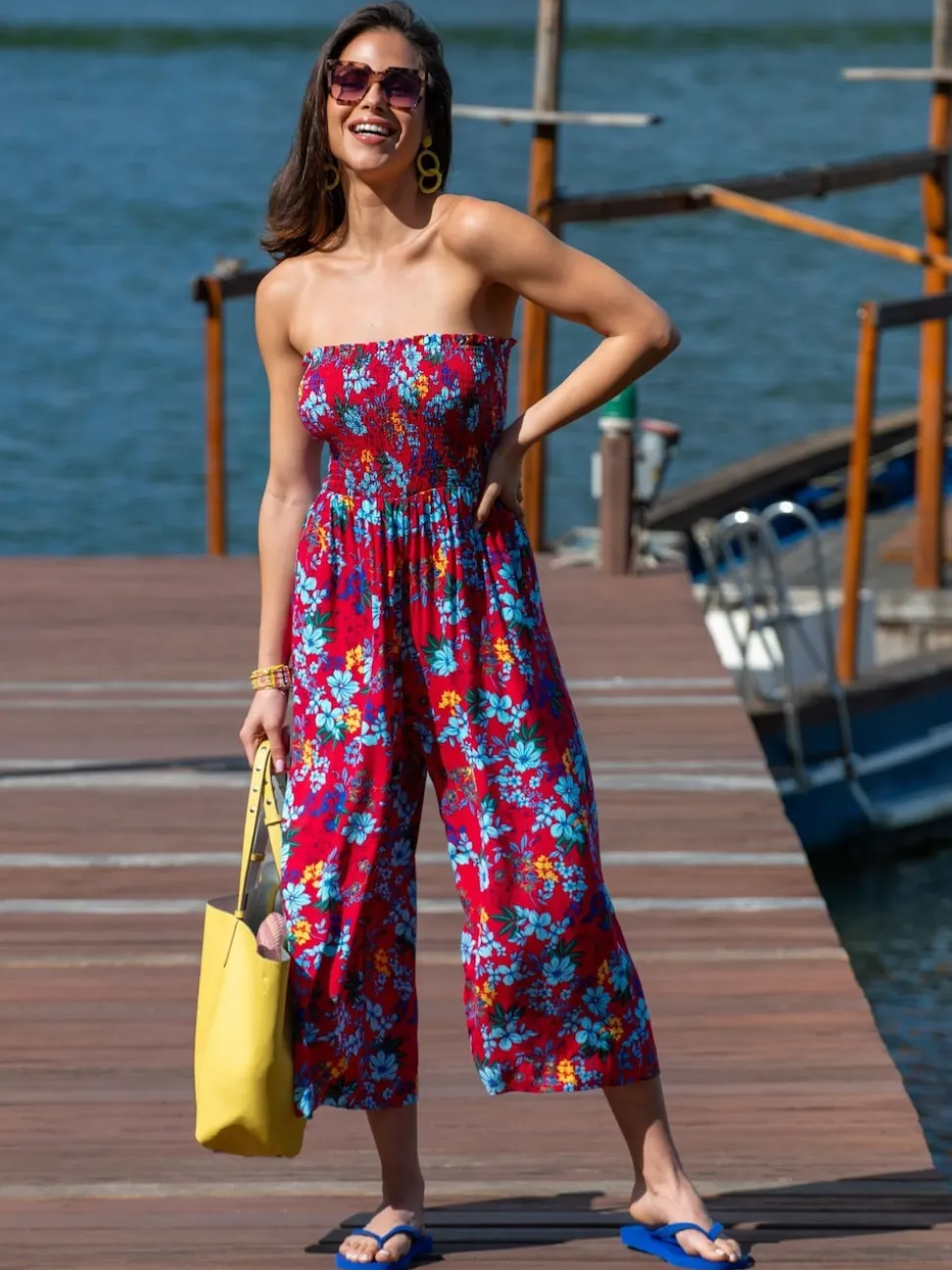 Pour Moi Red Strapless Shirred Bodice Crop Leg Beach Jumpsuit