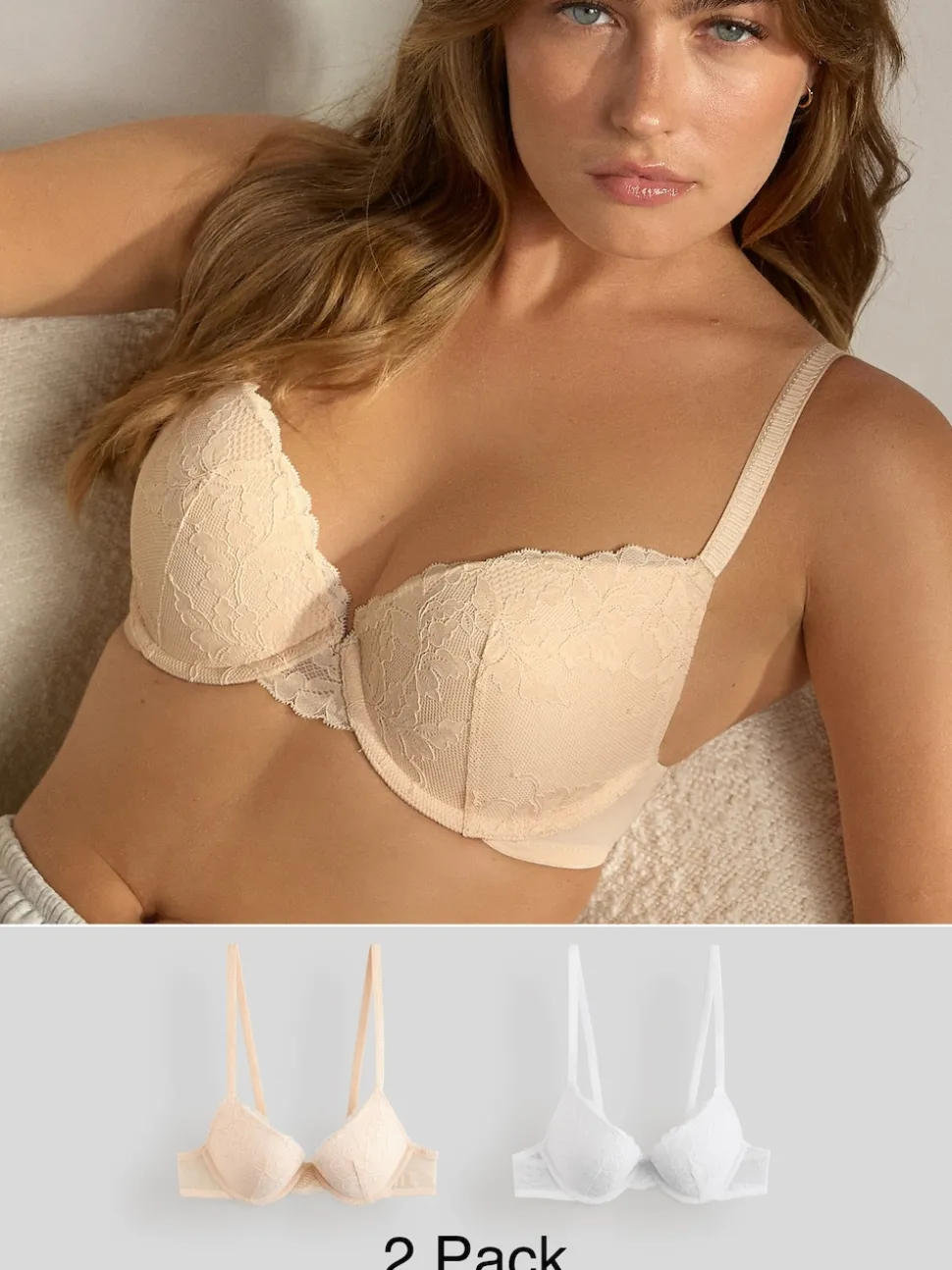 Praline Nude & White Push Up Plunge Lace Bras 2 Pack