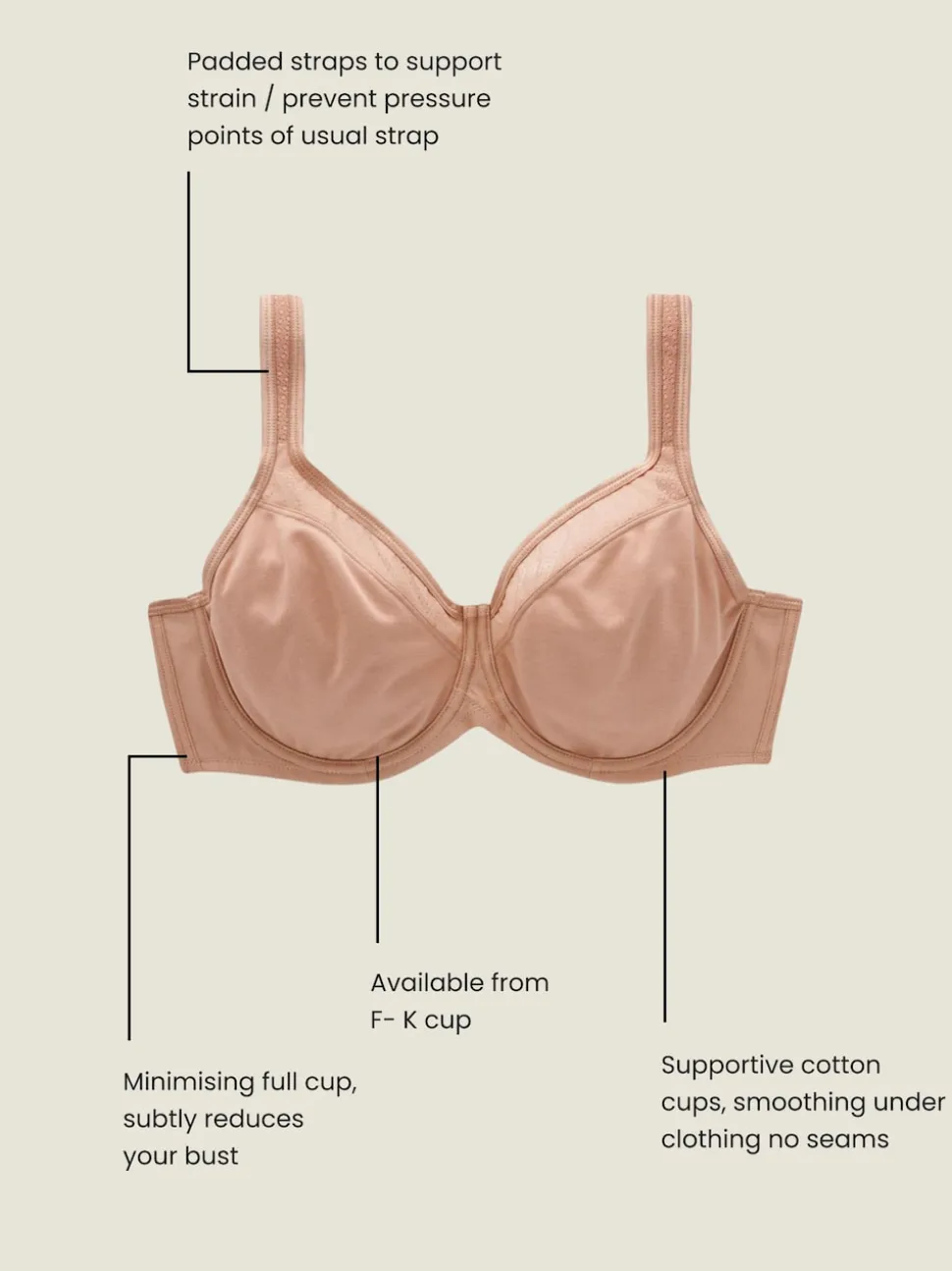 Praline Nude F-K Ultimate Support Cotton Minimiser Padded Strap Bra