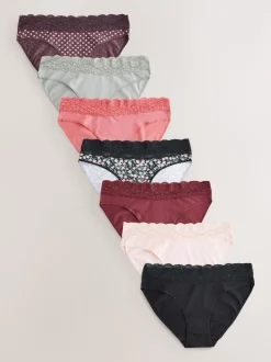 Printed Spot High Leg Cotton and Lace Knickers 7 Pack
