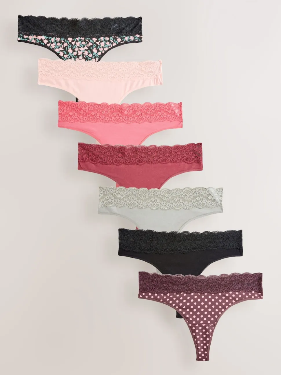 Printed Spot Thong Cotton and Lace Knickers 7 Pack