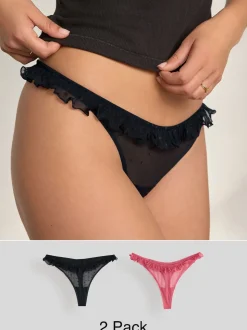 Red / Black Thong Heart Mesh Flocked Knickers 2 Pack