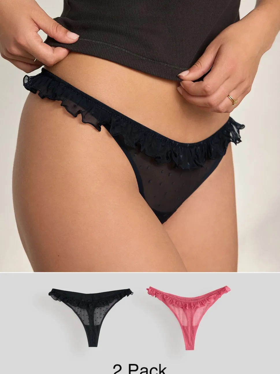 Red / Black Thong Heart Mesh Flocked Knickers 2 Pack