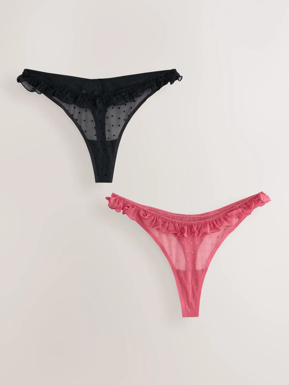 Red / Black Thong Heart Mesh Flocked Knickers 2 Pack