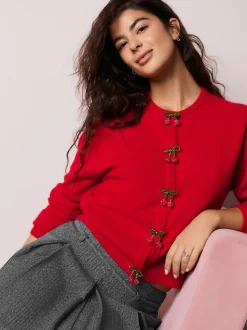 Red Cherry Buttons Crew Neck Knitted Cardigan With Wool