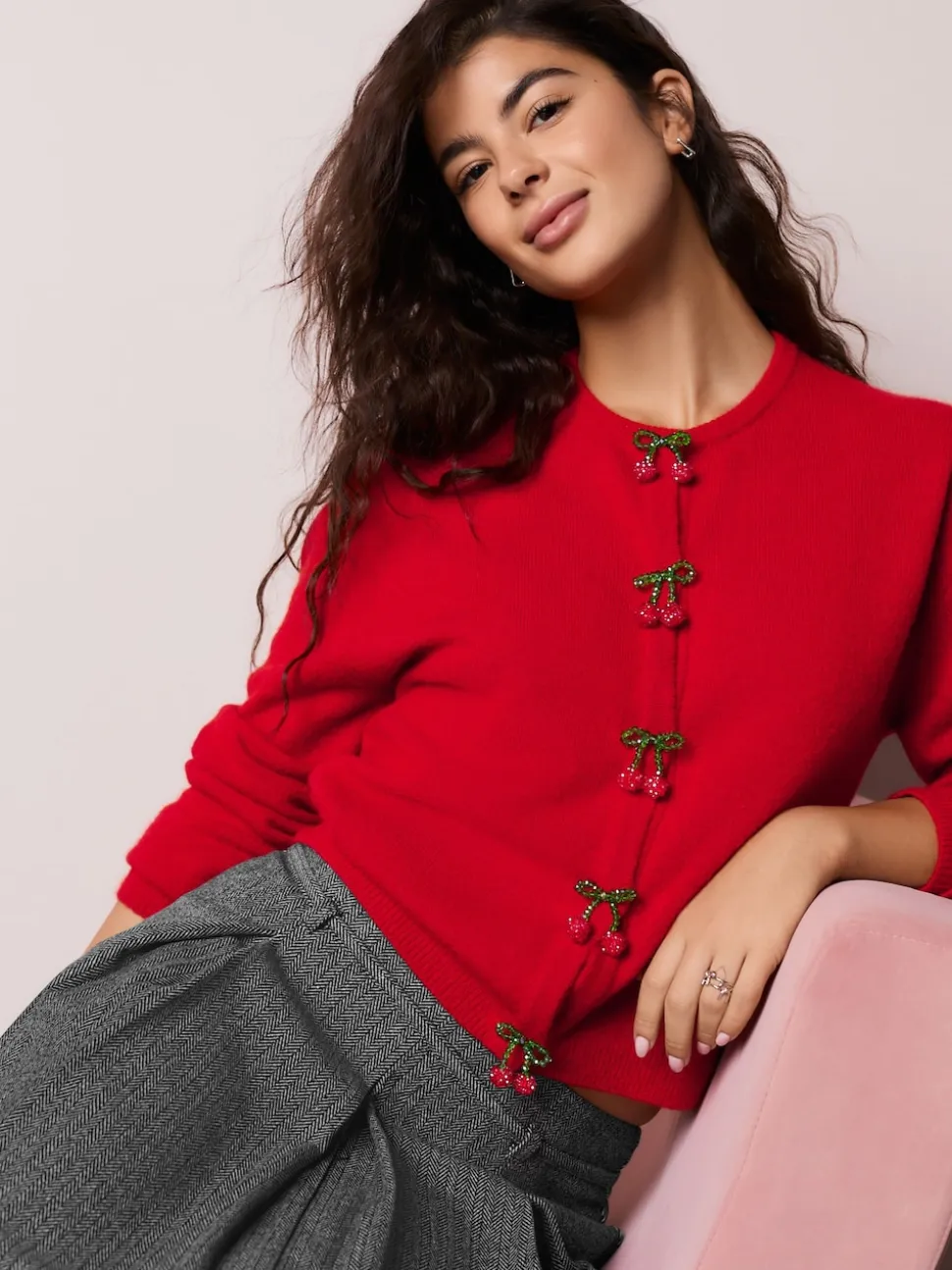 Red Cherry Buttons Crew Neck Knitted Cardigan With Wool