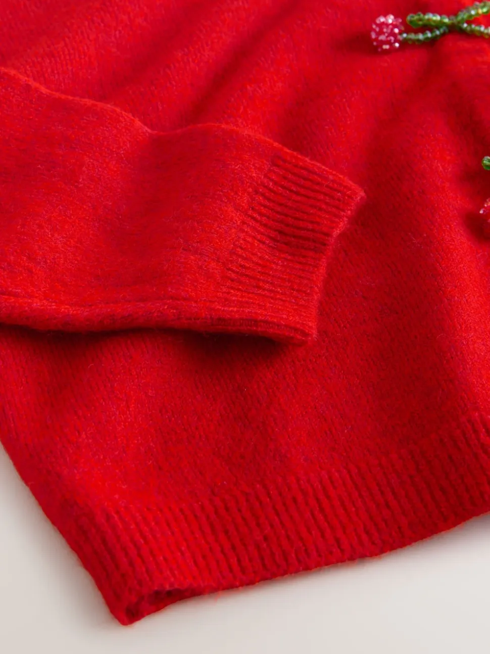 Red Cherry Buttons Crew Neck Knitted Cardigan With Wool