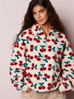 Red Ecru White Borg Cherry Graphic Zip Neck Fleece