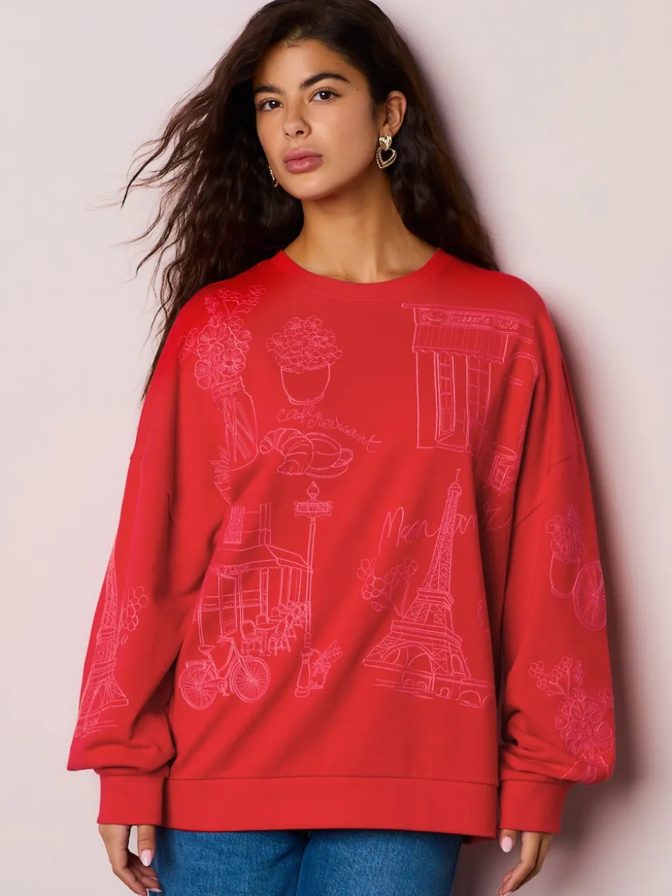 Red Embroidered Sweatshirt