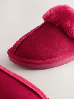 Red Faux Fur Lined Suede Mule Slippers