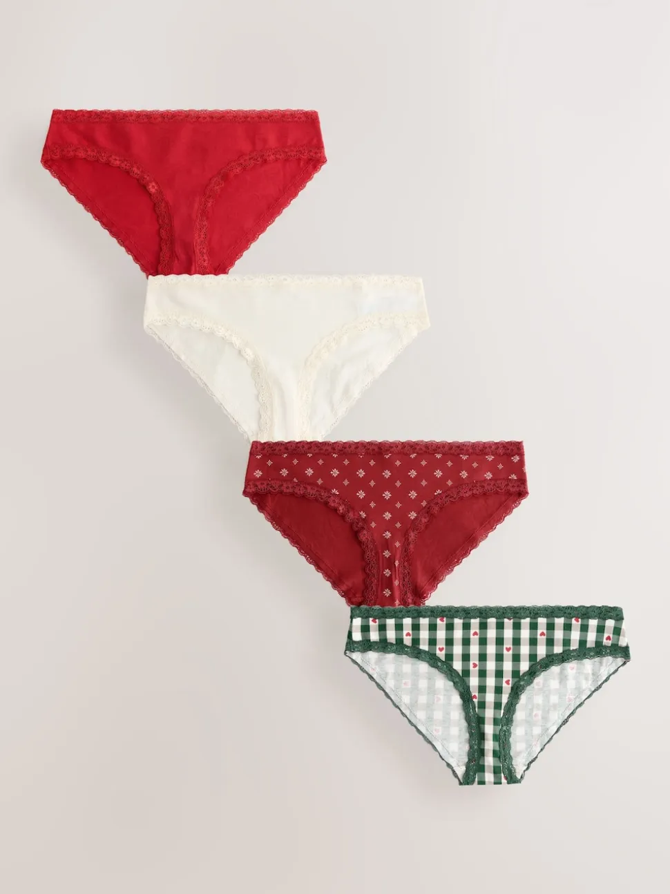 Red Heart/Green Check Bikini Cotton Lace Knickers 4 Pack
