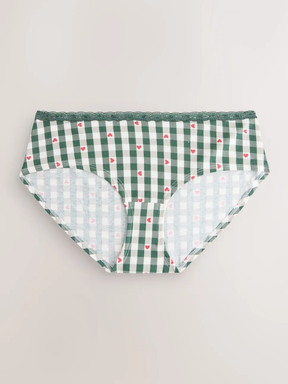 Red Heart/Green Check Short Cotton Lace Knickers 4 Pack