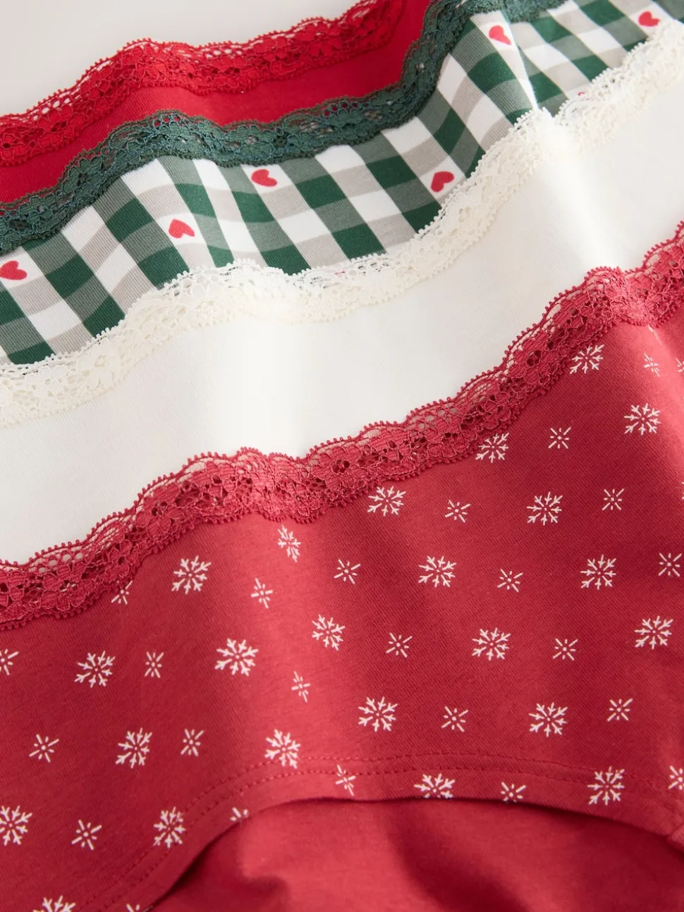 Red Heart/Green Check Short Cotton Lace Knickers 4 Pack