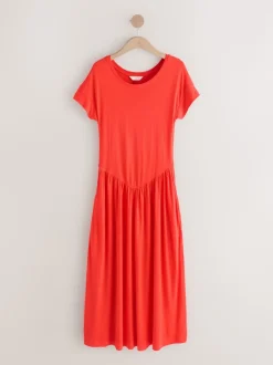 Red Jersey T-Shirt Dress With Linen