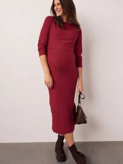 Red Maternity Long Sleeve Nursing Shelf Dress