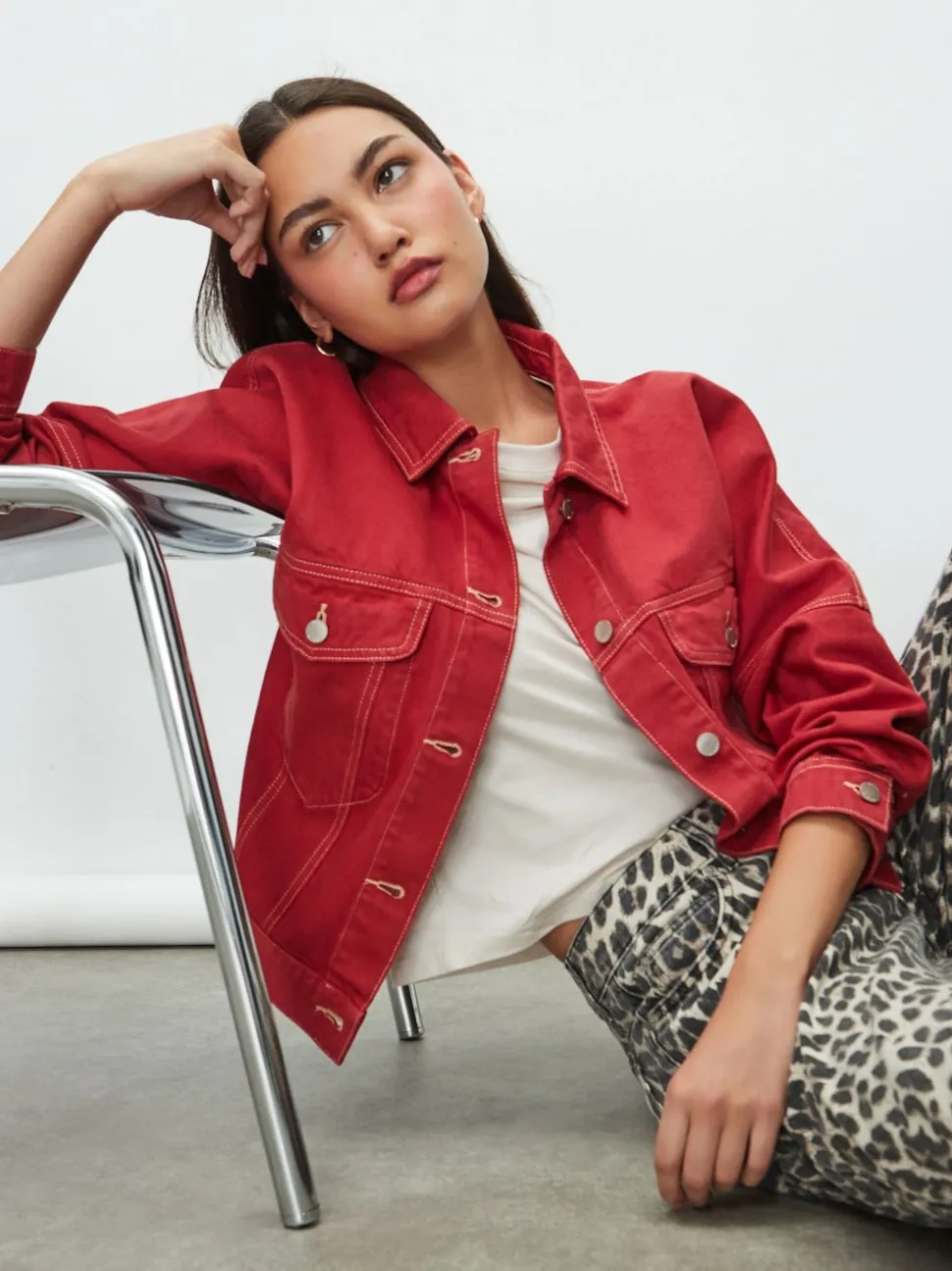 Red Oversized Relaxed Fit Denim Trucker Jacket