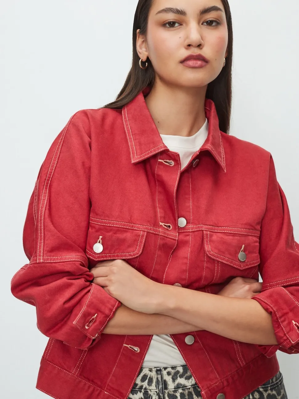 Red Oversized Relaxed Fit Denim Trucker Jacket