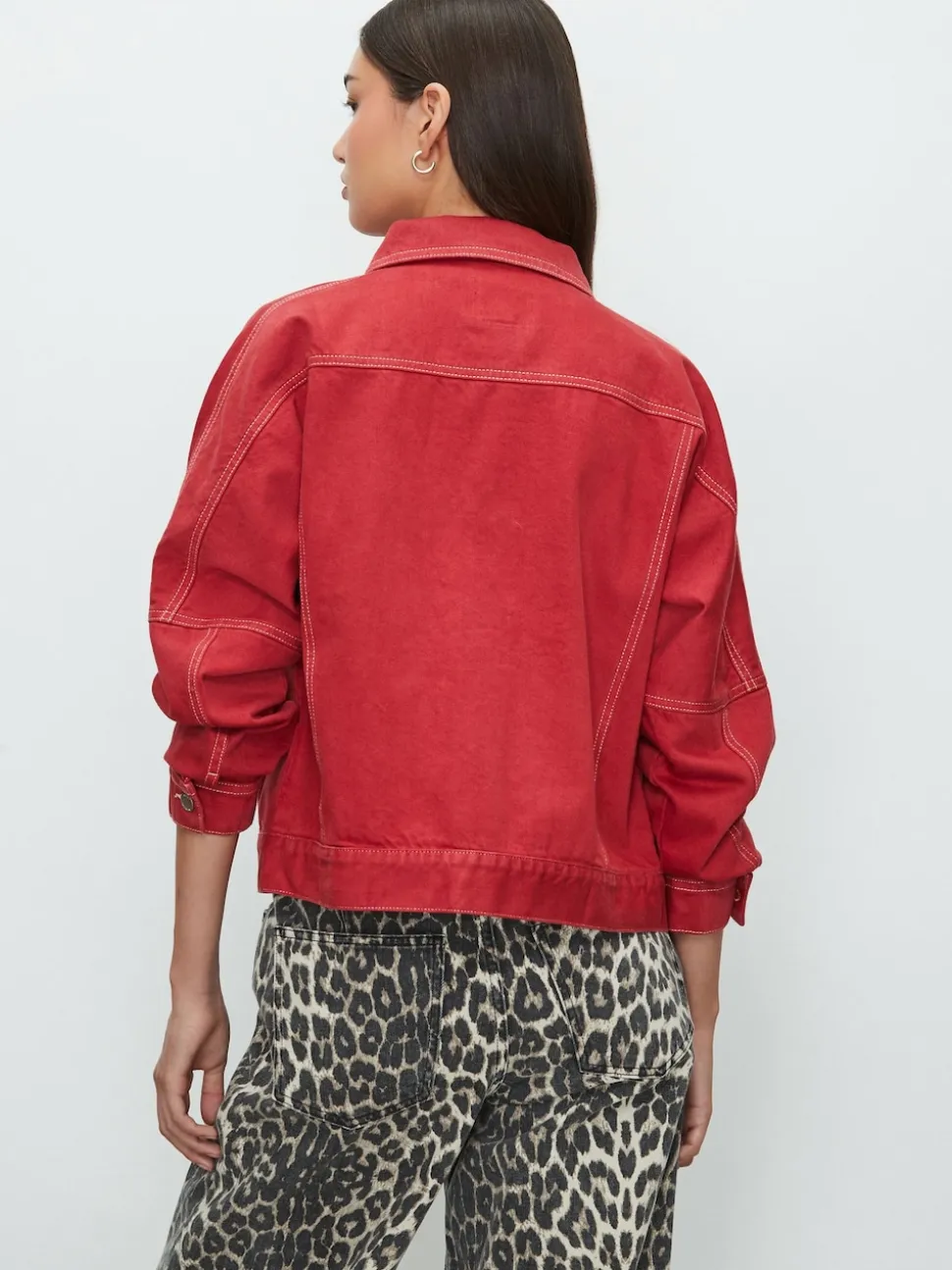Red Oversized Relaxed Fit Denim Trucker Jacket