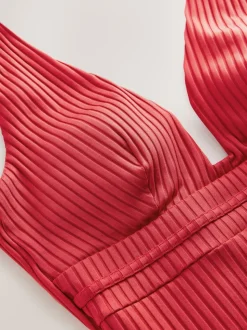 Red Rib Plunge Shaping Tummy Control Swimsuit