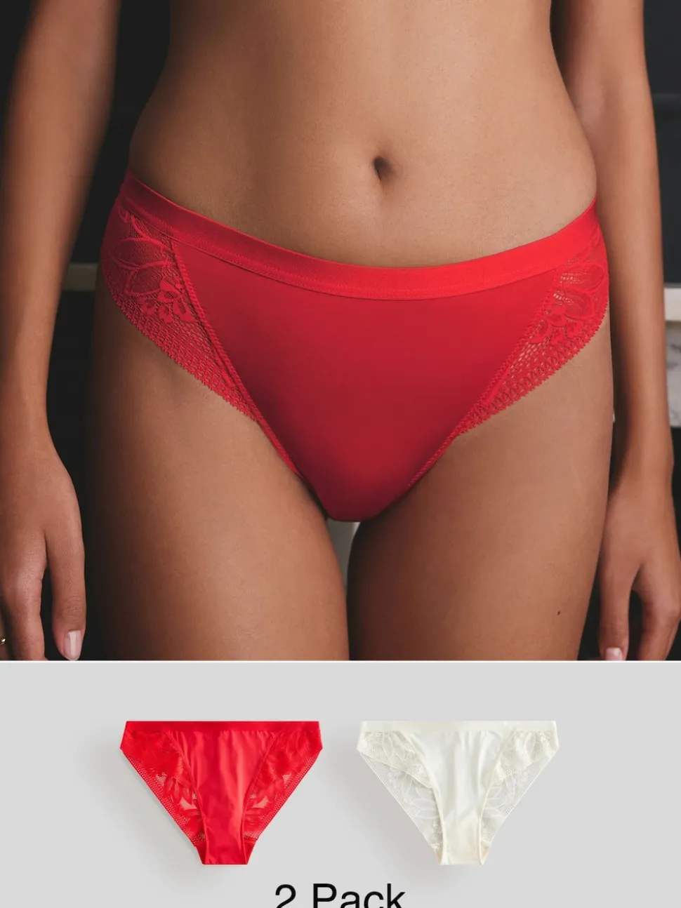 Red/Cream High Leg Microfibre and Lace Knickers 2 Pack