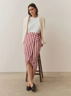 Red/Ecru Stripe Wrap Midi Skirt with Linen