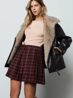 Red/Pink Check Pleated Pull On Mini Skirt