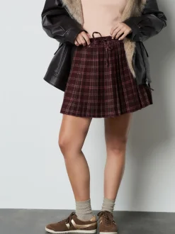 Red/Pink Check Pleated Pull On Mini Skirt