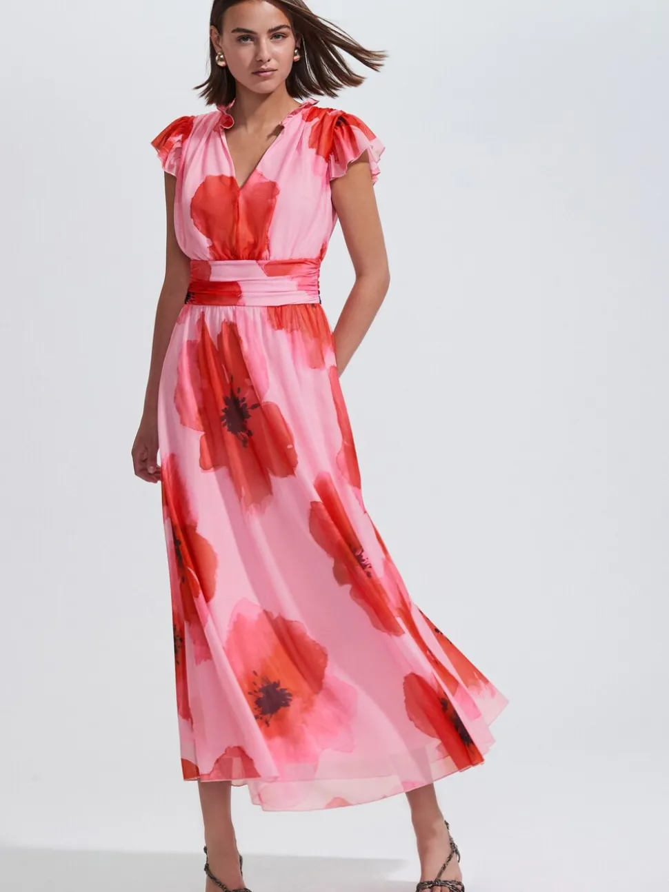 Red/Pink Floral Pleated Mesh Print V-Neck Occasion Maxi Dress
