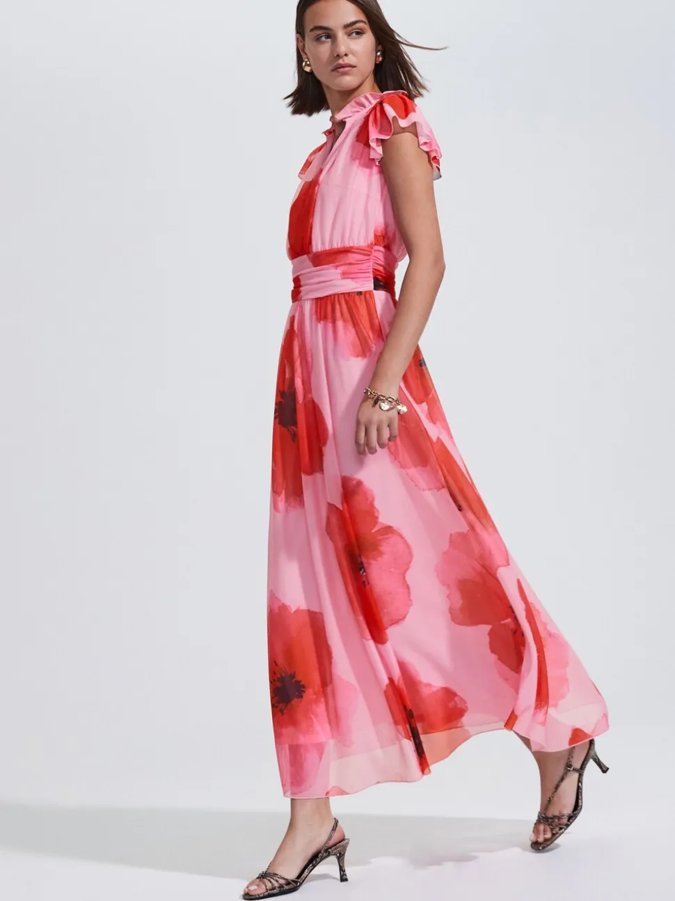 Red/Pink Floral Pleated Mesh Print V-Neck Occasion Maxi Dress